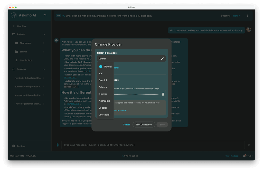 Askimo AI chat interface showing seamless model switching between OpenAI, Anthropic Claude, Google Gemini, and Ollama local models in one unified workspace