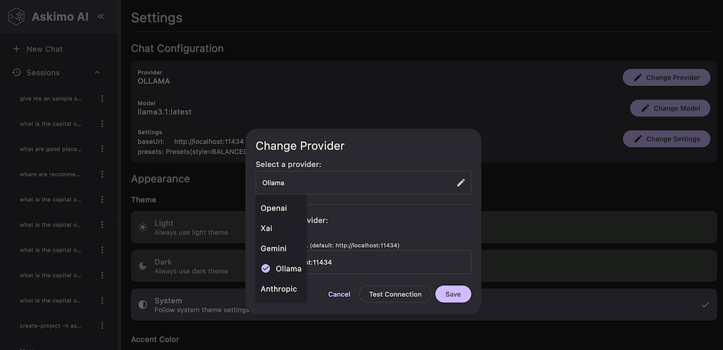 Switching AI providers in Askimo App