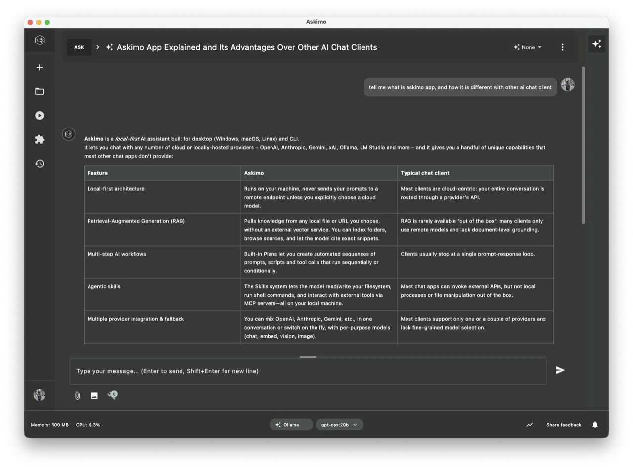 Askimo RAG feature showing context-aware conversations with local Ollama models using project files