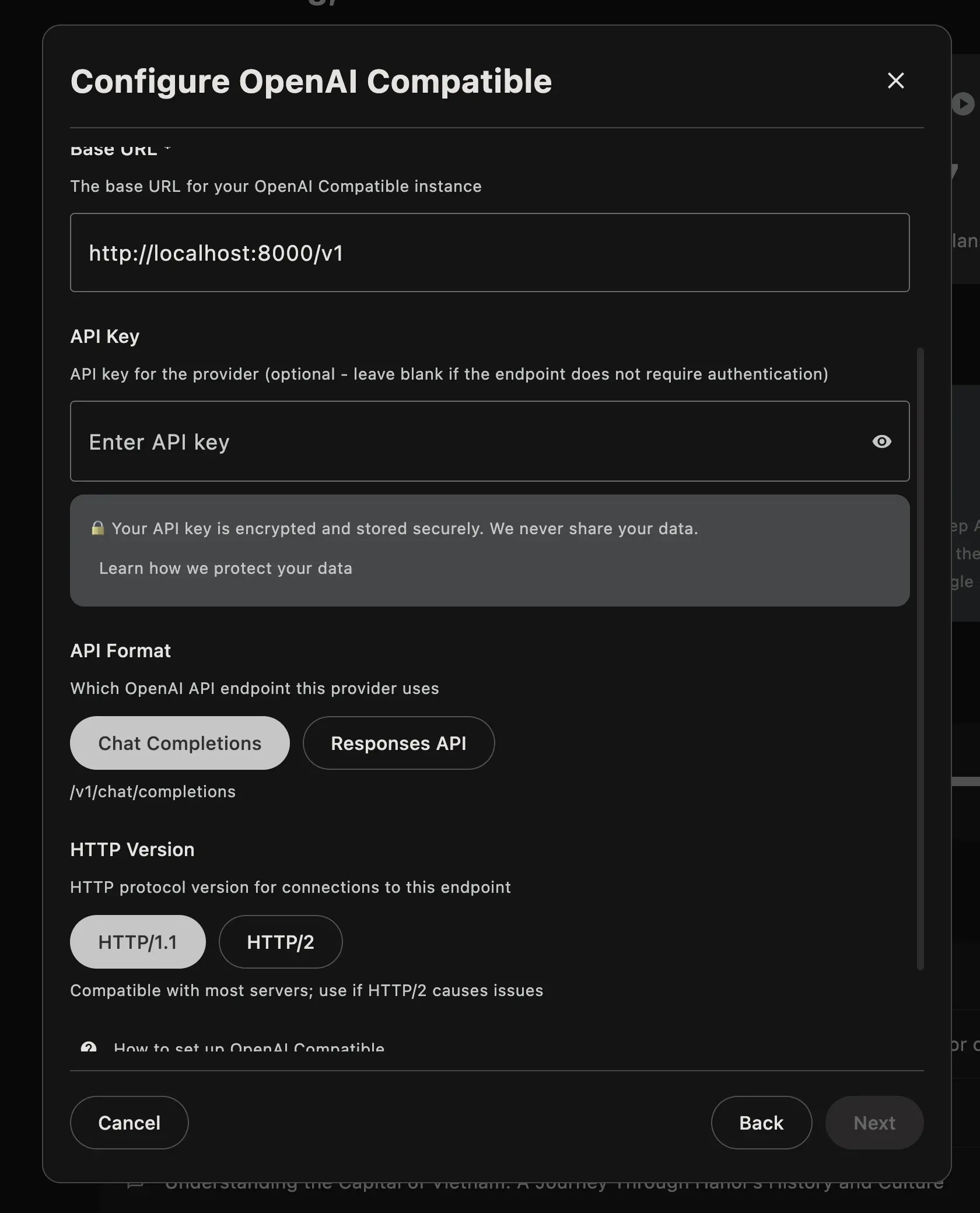 Askimo's custom OpenAI-compatible provider configuration dialog showing fields for Base URL, API key, API Mode (Chat Completions or Responses API), and HTTP version (HTTP/1.1 or HTTP/2).