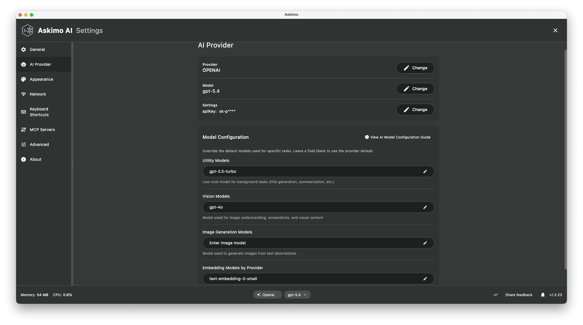 Askimo RAG configuration settings showing customizable embedding models for different AI providers