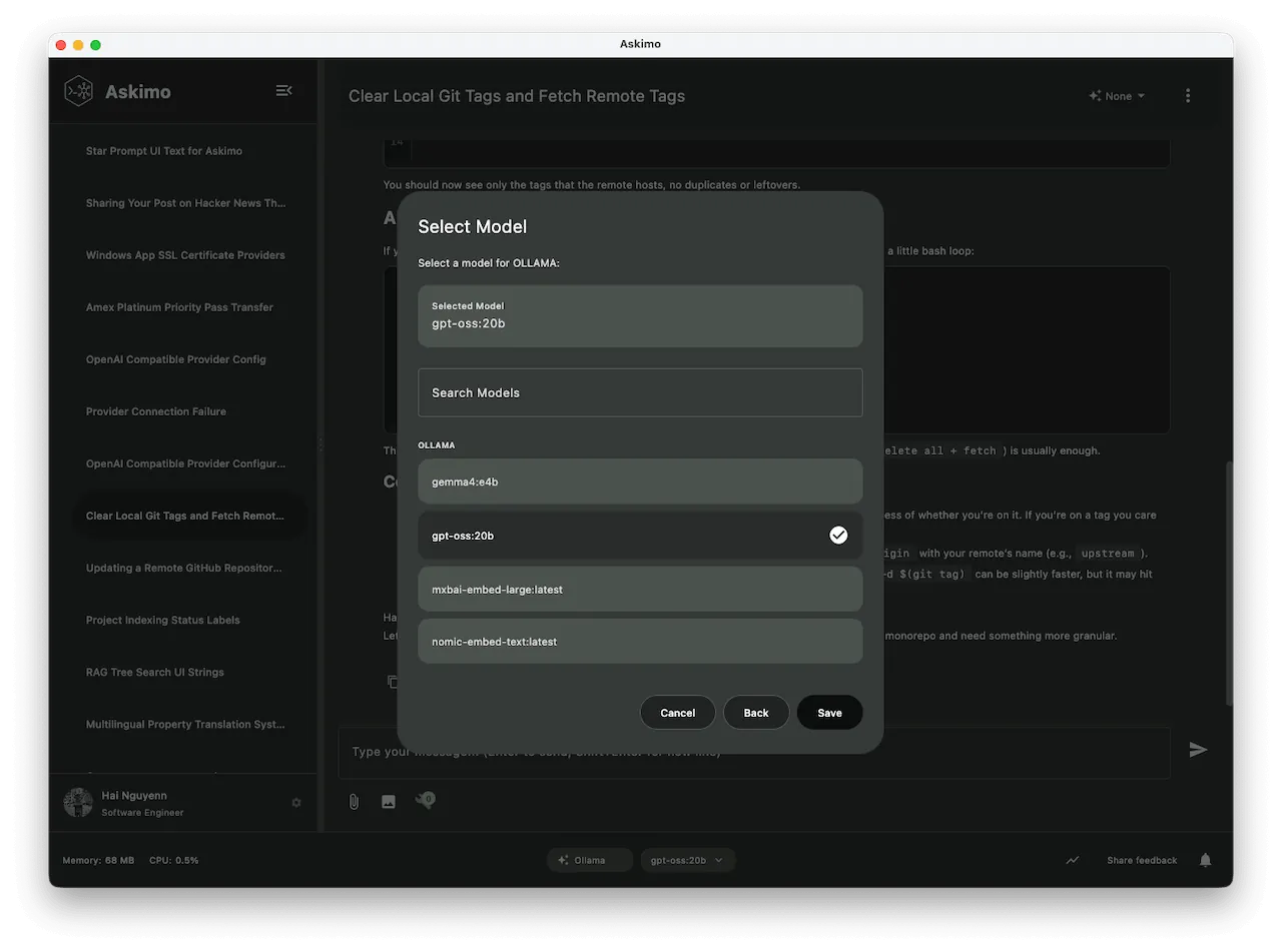 Askimo Ollama model selector dropdown showing Llama 3, Mistral, Phi-3, and Gemma options