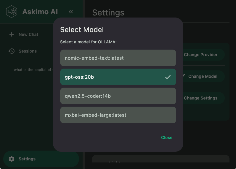 Askimo Ollama model selector dropdown showing Llama 3, Mistral, Phi-3, and Gemma options