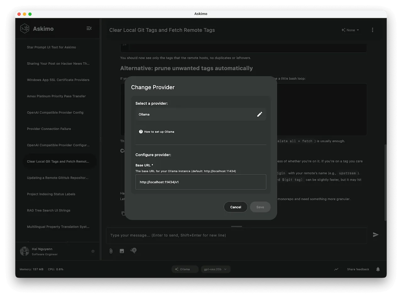 Askimo App provider settings showing Ollama endpoint configuration localhost:11434