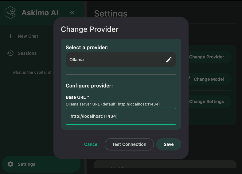 Askimo App provider settings showing Ollama endpoint configuration localhost:11434