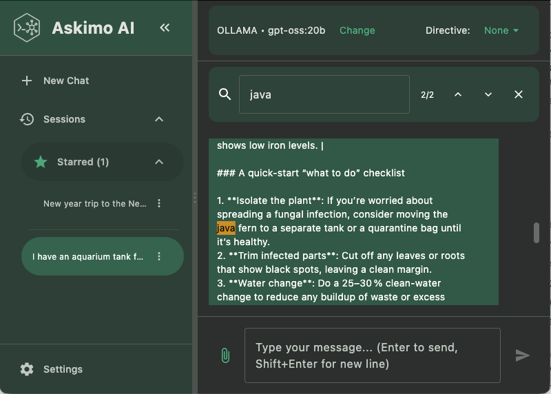 Askimo App showing starred and pinned Ollama conversations for easy organization