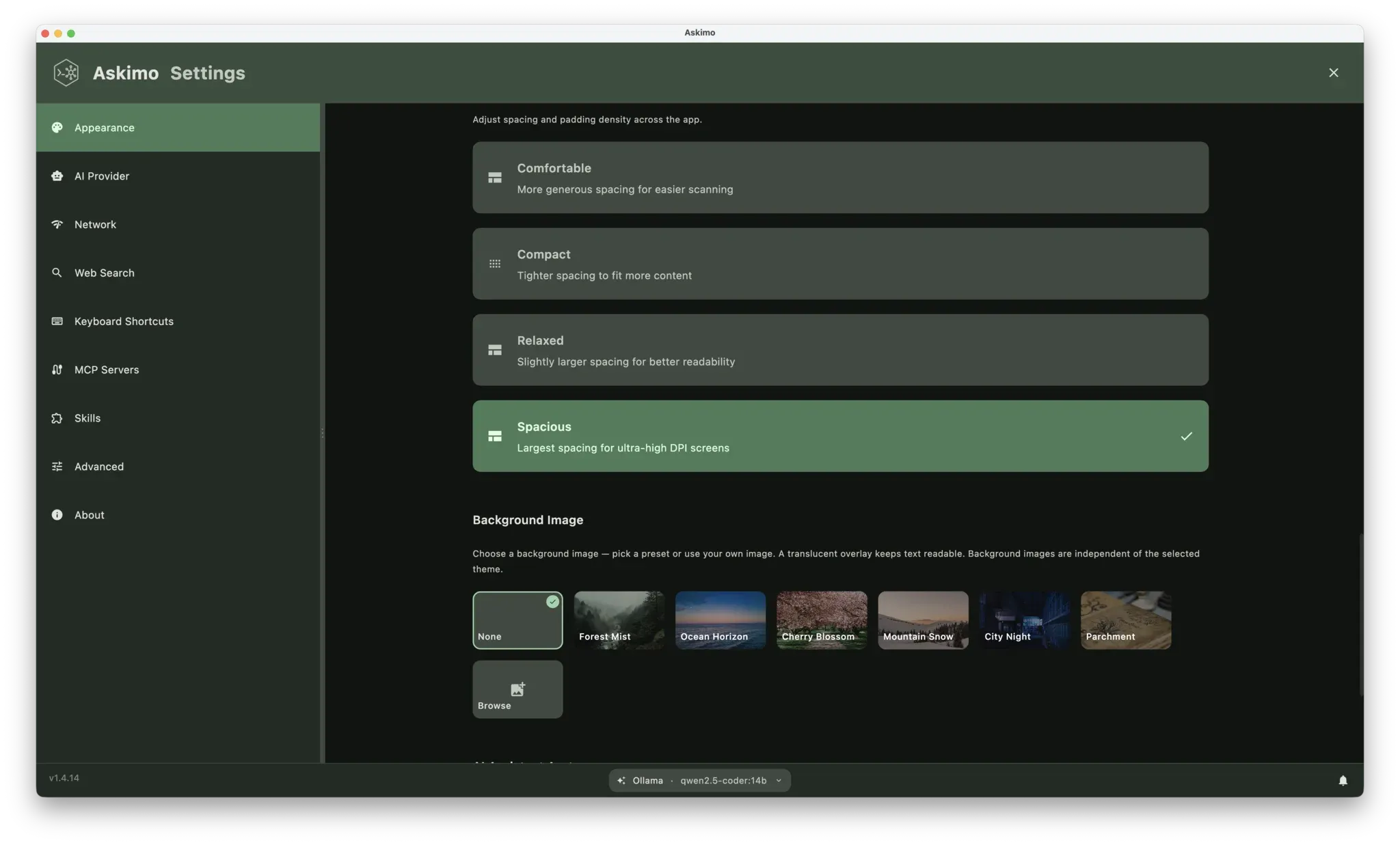 Askimo desktop app theme selection interface showing light, dark, auto, and custom theme options