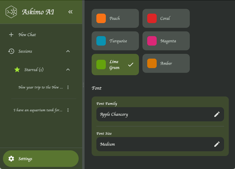 Askimo App theme settings with light and dark mode options for Ollama GUI customization