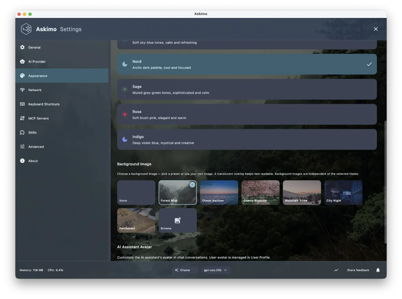 Askimo App theme settings with light and dark mode options for Ollama GUI customization