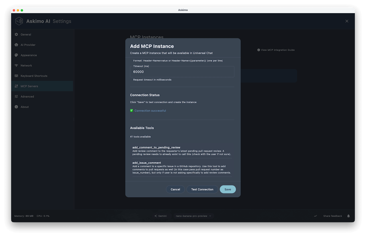 Askimo Desktop MCP configuration screen showing HTTP transport setup with GitHub Copilot MCP endpoint and Authorization header