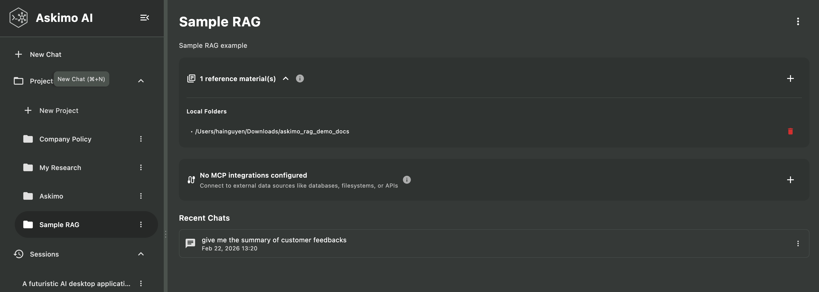 Askimo sidebar showing multiple RAG projects organized by topic: Work Documents, Personal Research, Academic Work, and Creative Projects