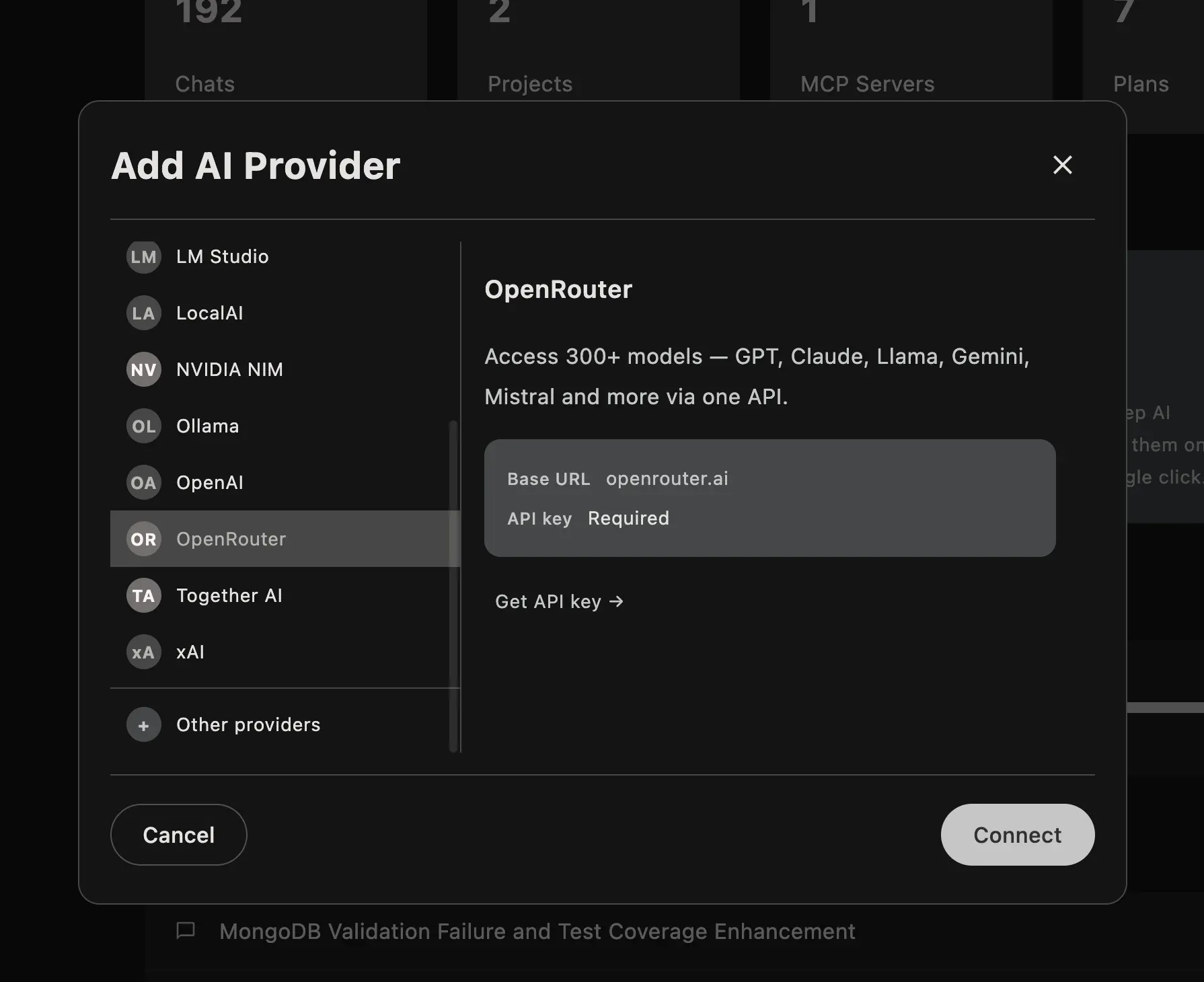 Askimo's Add AI Provider dialog showing the list of pre-configured OpenAI-compatible cloud provider templates including OpenRouter, Together AI, Groq, Cloudflare AI, and NVIDIA NIM.