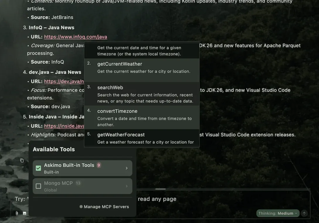 Web Search tools selection panel in Askimo chat