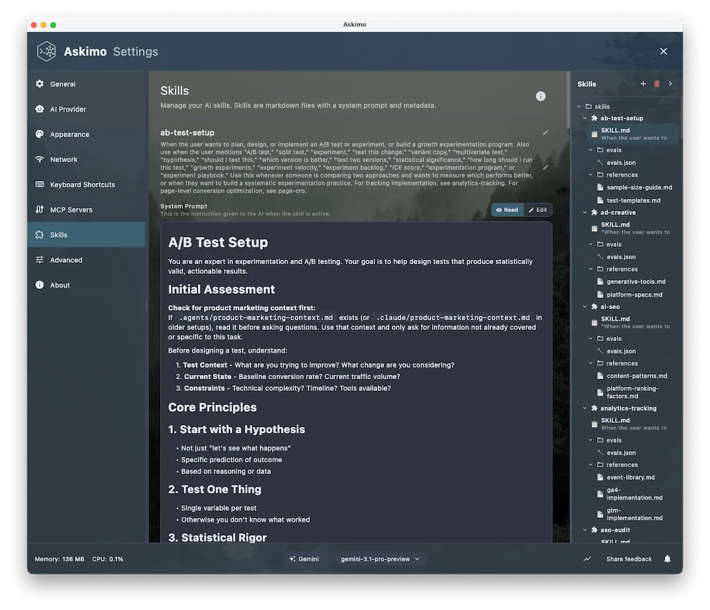 Askimo Desktop Skills editor showing the skill name, description, and system prompt fields for creating a new skill.