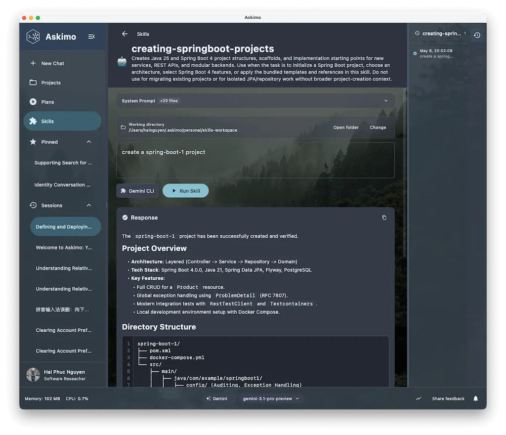 Askimo Desktop Skills view showing the executor panel with a selected skill, working directory picker, task input field, and live agent output streaming in real time.