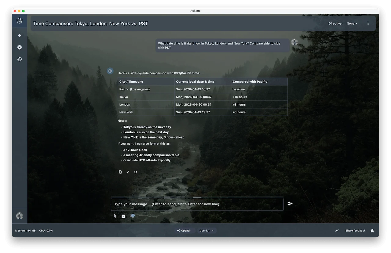Askimo Desktop chat showing AI answering a time zone question using the Time MCP server, displaying current times in Tokyo, London, and New York