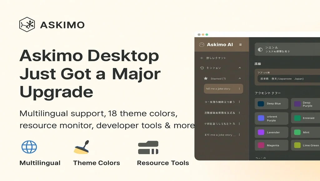Askimo App multilingual interface with 10+ language support and theme customization options